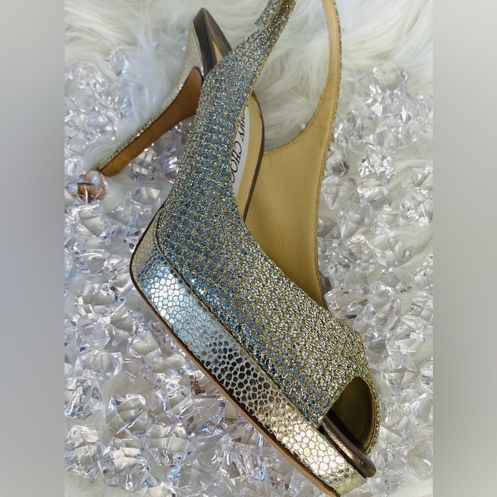 Jimmy Choo Nova Champagne Glitter Peep-Toe Slingback Heels. Authentic.